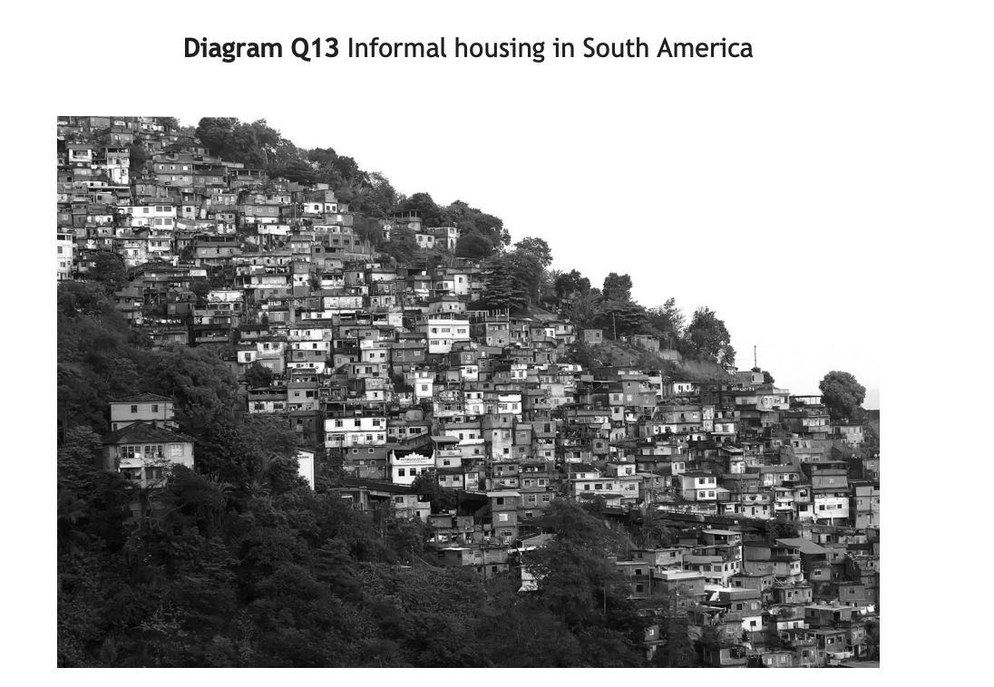 Black and white image showing dense informal housing on a hillside in South America, surrounded by trees, labelled "Diagram Q13".
