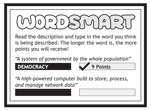 Word game titled "Wordsmart" with clues and typed answers. "Democracy" earns 9 points for "A system of government by the whole population".