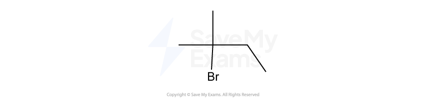 Chemical structure diagram showing a branched chain with a bromine (Br) atom. It includes lines representing bonds and an angle in the structure.