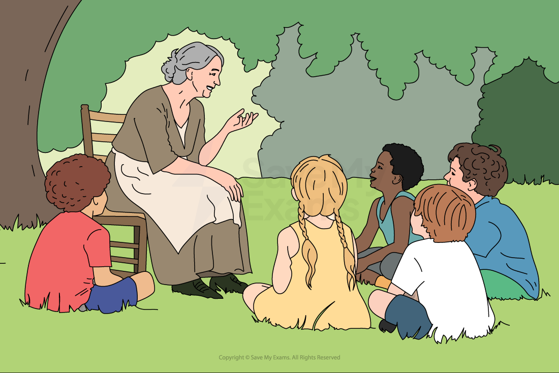 Silhouette of a woman on a chair, gesturing while telling a story to six seated children under leafy branches.