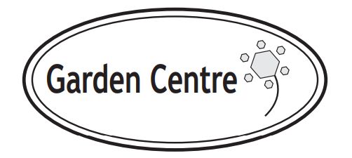 Oval logo with "Garden Centre" text, featuring a decorative floral design with hexagonal shapes on the right, in black and white.