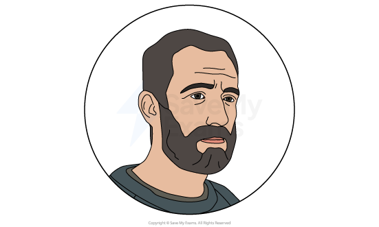 Image of the character of Davie from the play Sailmaker: he is a bearded man with short hair in a circular frame, wearing a dark green jumper, showing a serious expression against a plain background.