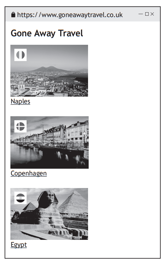 Webpage showcasing travel destinations with black-and-white images of Naples, a harbour in Copenhagen, and the Sphinx with pyramids in Egypt.