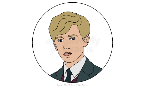 Image of the character of Alec from the play Sailmaker: he is a young man with blonde hair in a suit and tie, looking serious. The image background is white and encircled.