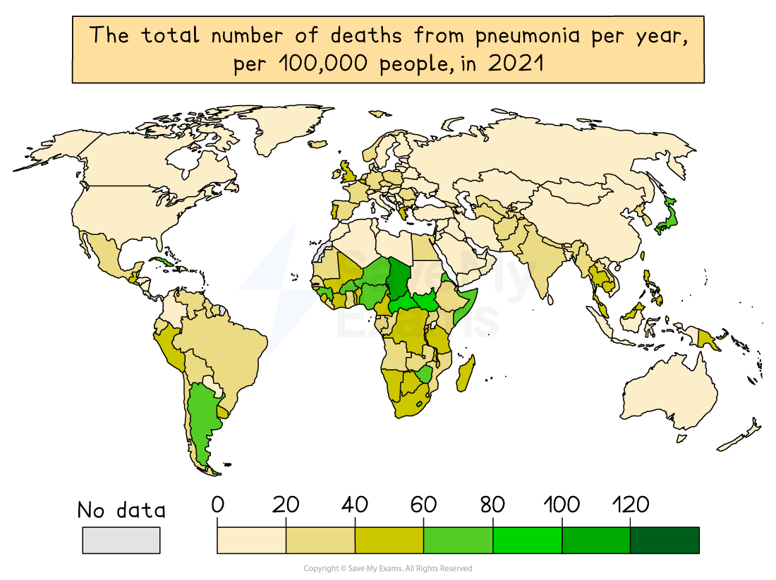 World map showing pneumonia deaths per 100,000 people in 2021. Regions are colour-coded from 0 (light) to 120+ (dark), with grey indicating no data.