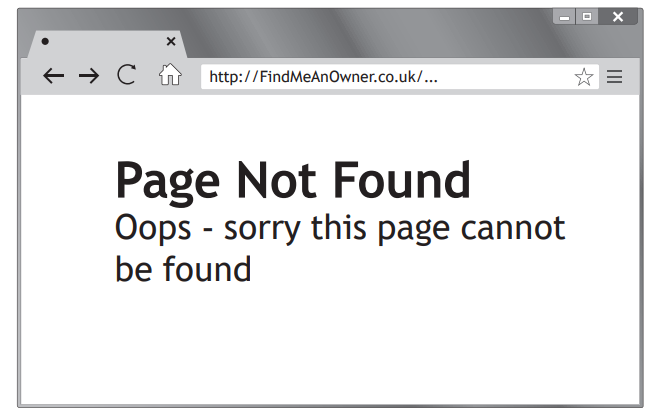 Web browser window displaying "Page Not Found" error message with URL "FindMeAnOwner.co.uk" indicating missing page.