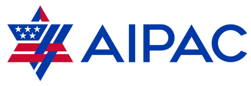 Logo featuring a stylised Star of David with red and blue stripes and stars, next to the blue text "AIPAC" in capital letters.