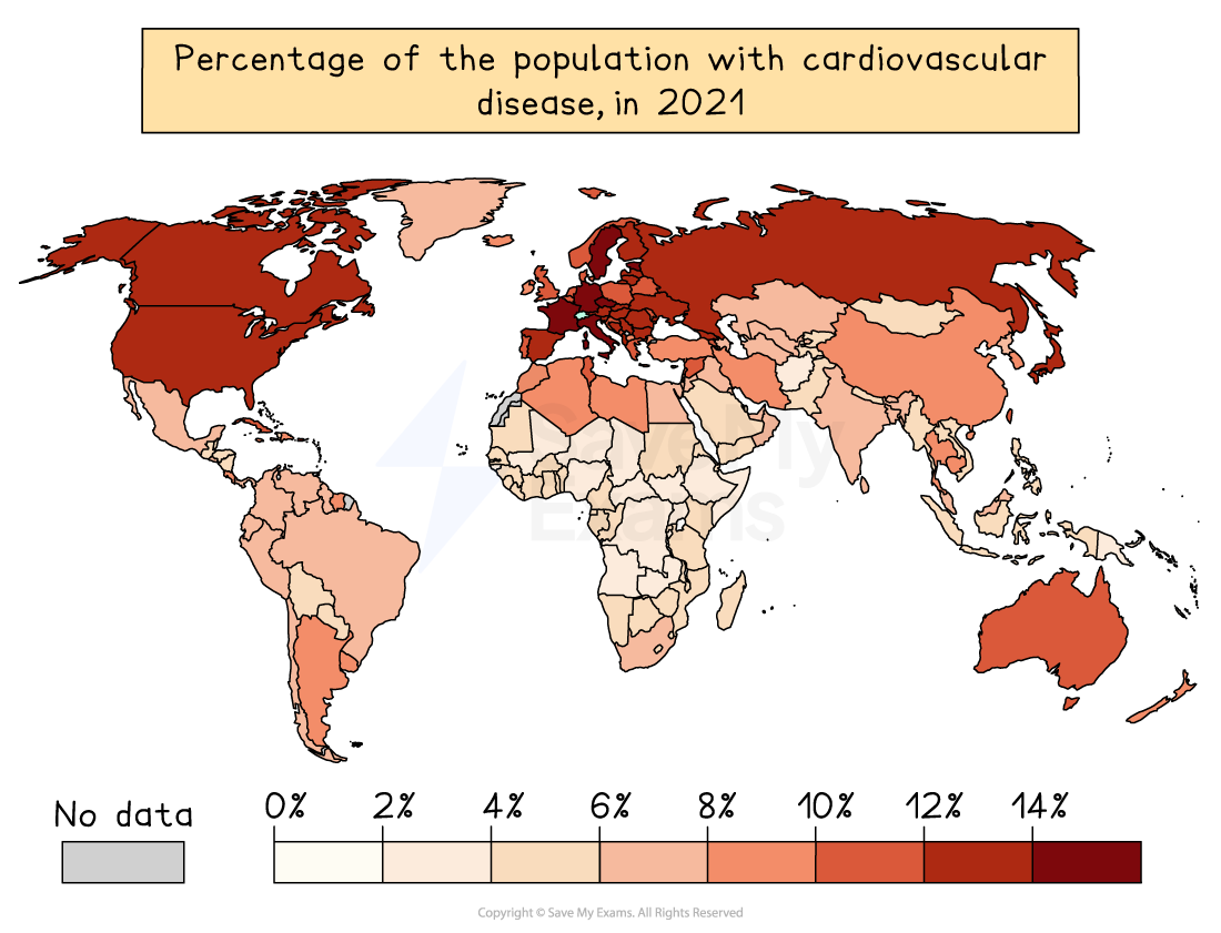 World map showing percentages of the population with cardiovascular disease in 2021, with darker shades indicating higher percentages.