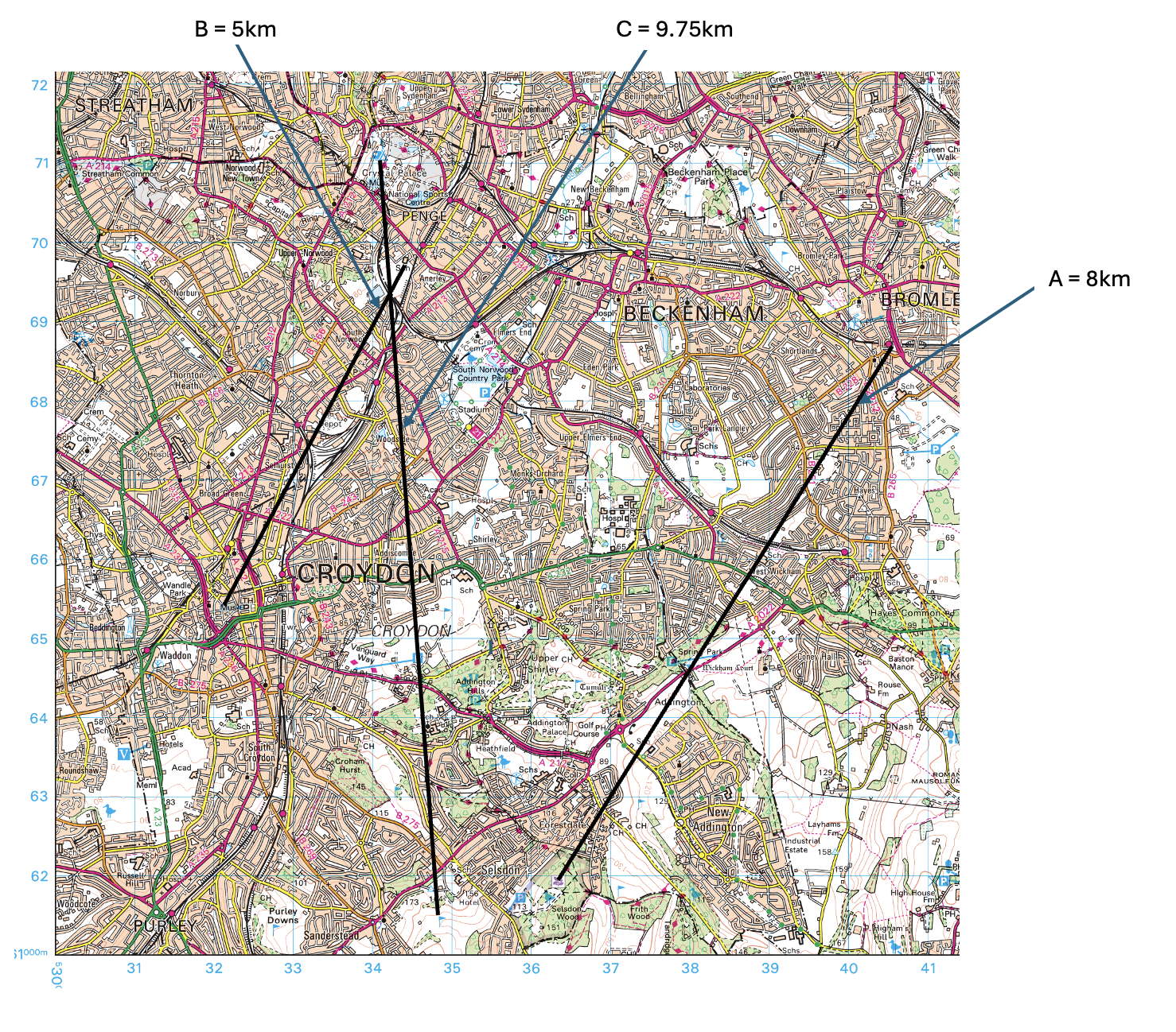 OS map showing distances between two points