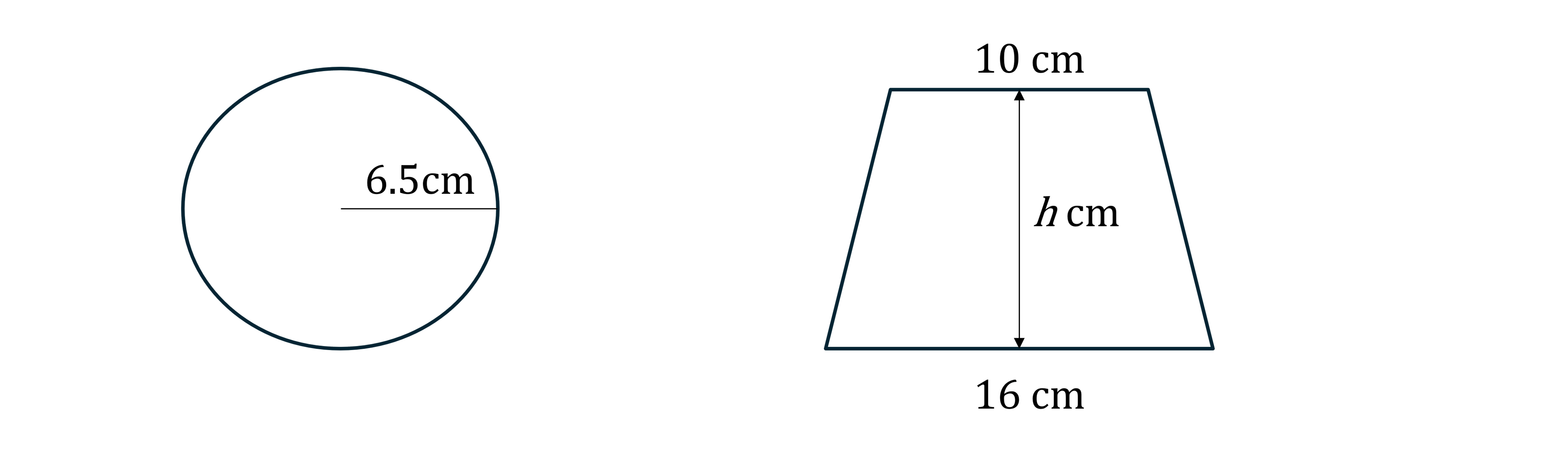 A circle with a 6.5 cm radius and a trapezium with a height marked as h, a 10 cm top base, and a 16 cm bottom base.