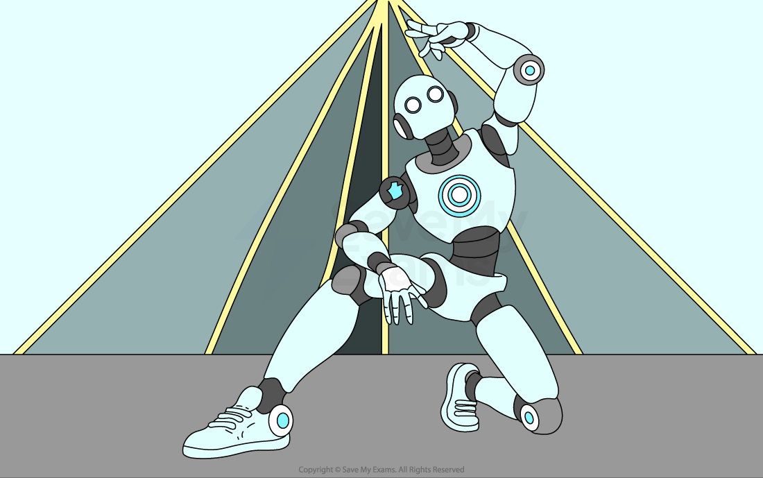 A robot strikes a dynamic dance pose on stage, illuminated by bright stage lights, with a cheering crowd in the background.