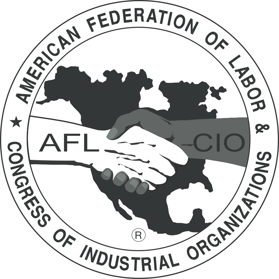 Logo of AFL-CIO featuring a handshake over a map, encircled by "American Federation of Labor & Congress of Industrial Organizations".