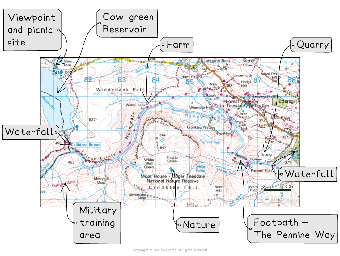 Map highlighting Cow Green Reservoir, waterfalls, a quarry, farm, viewpoint, military area, and The Pennine Way footpath with labelled arrows.
