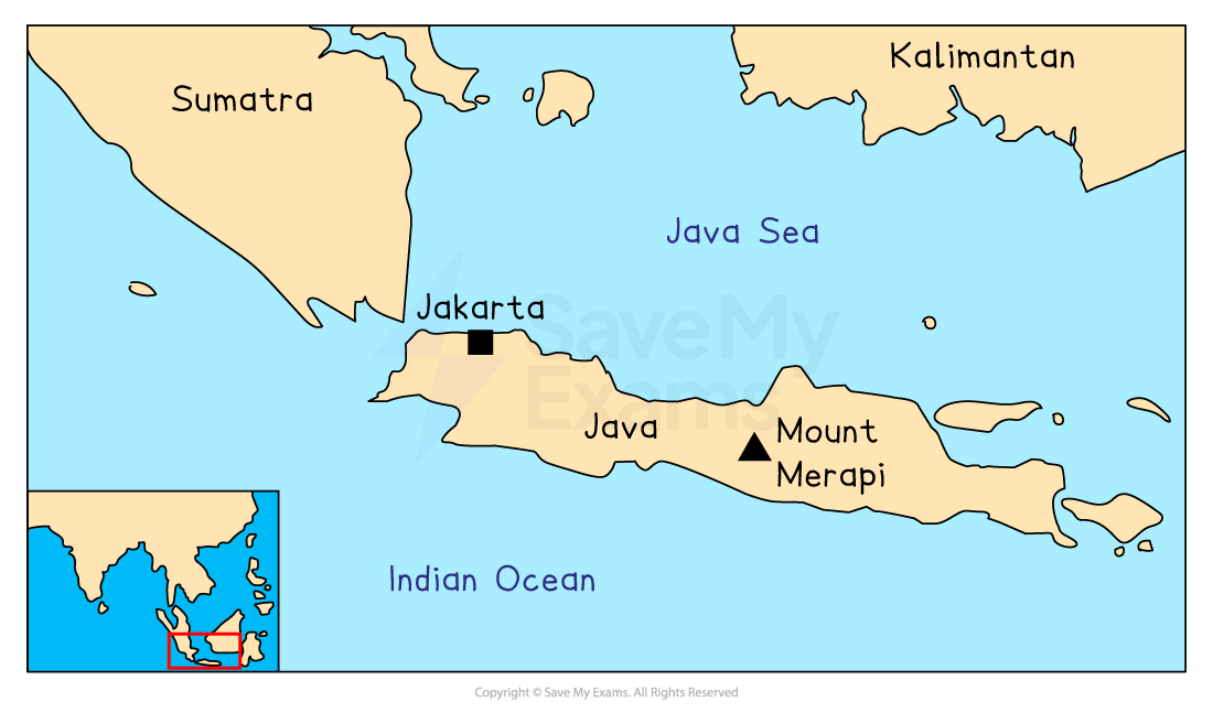 Map of Indonesia showing Sumatra, Java, Kalimantan, Java Sea, and Indian Ocean. Jakarta is marked on Java, with Mount Merapi indicated nearby.