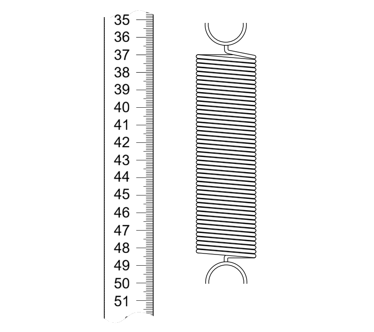 Close up of the top and bottom of the spring against the vertical ruler scale marked from 35 to 51 with millimetre increments.