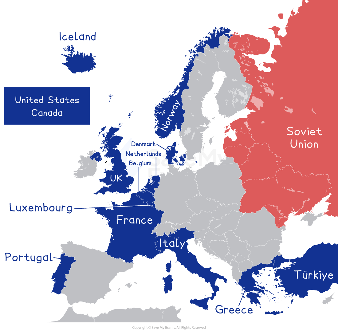 Map showing Europe with NATO member countries in blue, including UK, France, and Turkey. The Soviet Union is marked in red.