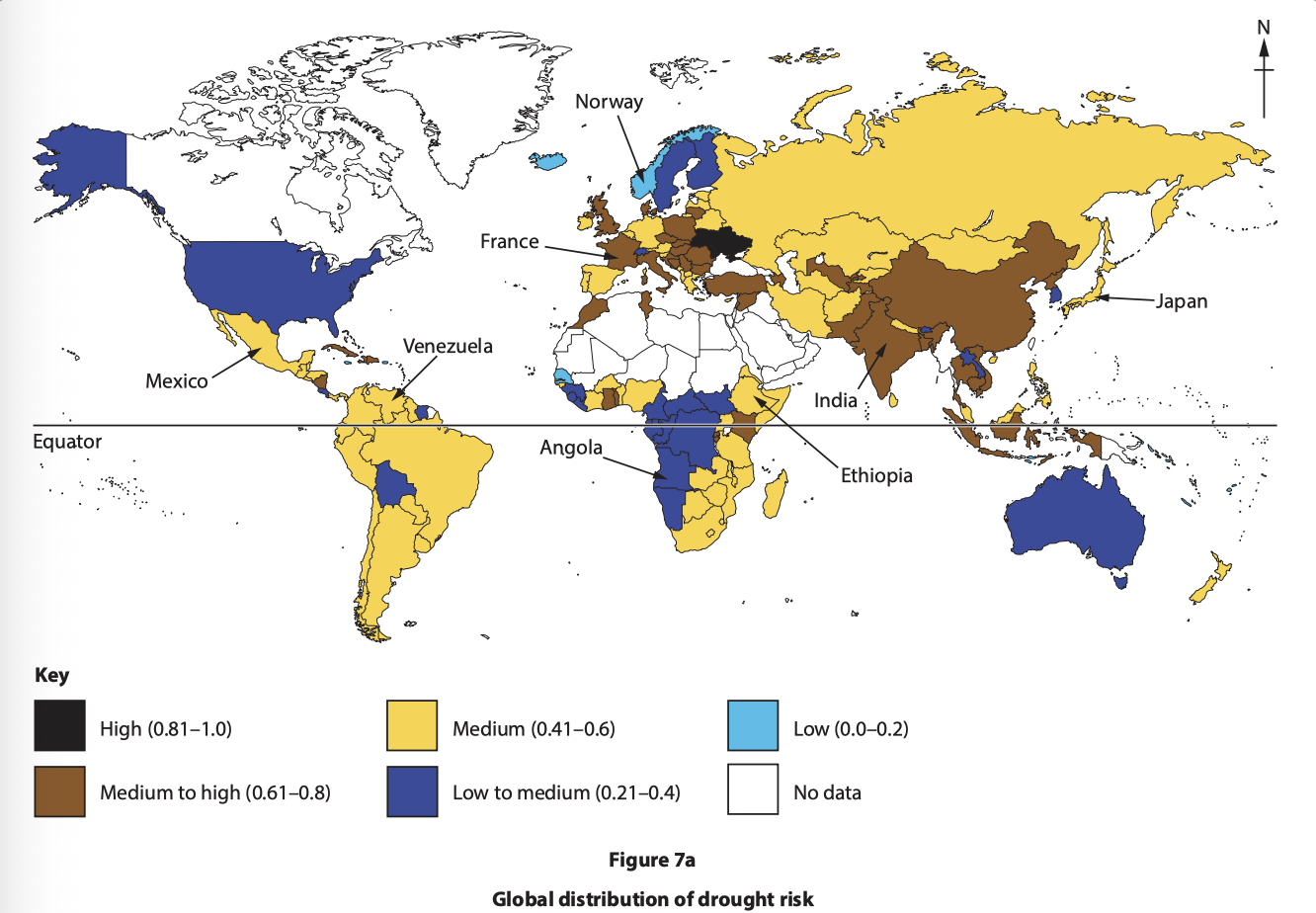 World map showing drought risk: high in dark brown, medium in yellow, low in blue. Some regions lack data. Countries like India and Japan are clearly marked.