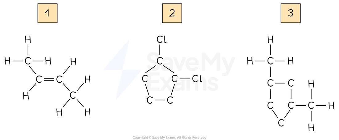 Three numbered molecular structures: 1 shows a cyano group, 2 shows a chlorinated cyclopropane, and 3 shows a methylcyclohexane.