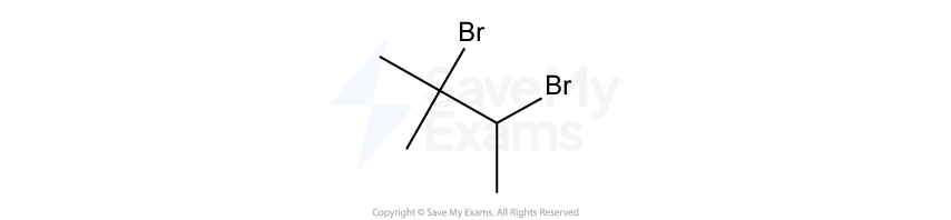 Chemical structure diagram of 2,2-dibromopropane, showing a central carbon atom bonded to two bromine atoms and three carbon atoms in a zigzag pattern.