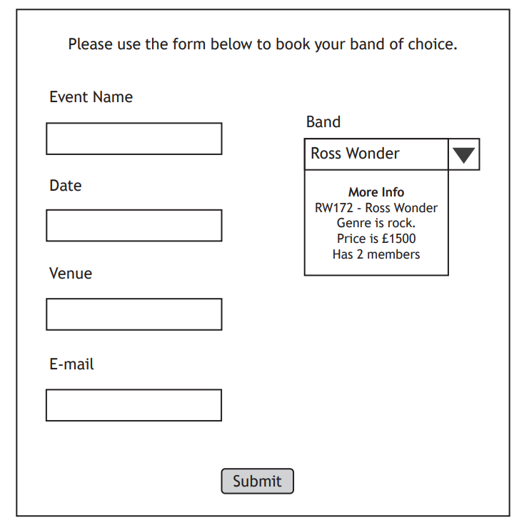 Event booking form with fields for event name, date, venue, email and a dropdown for band selection. Submit button is at the bottom.