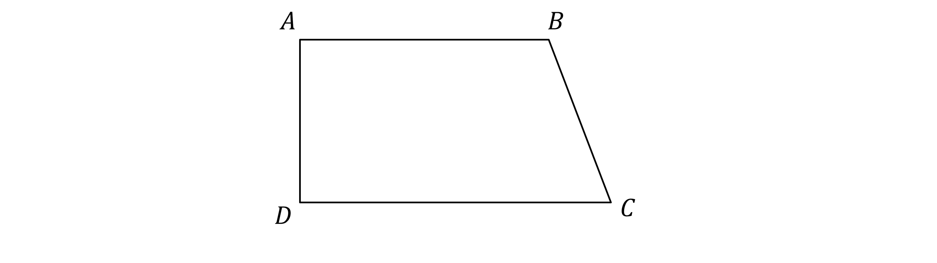Trapezium with vertices A, B, C, and D; AB is parallel to DC, with AB shorter than DC. Side AD is vertical, BC is angled inward.