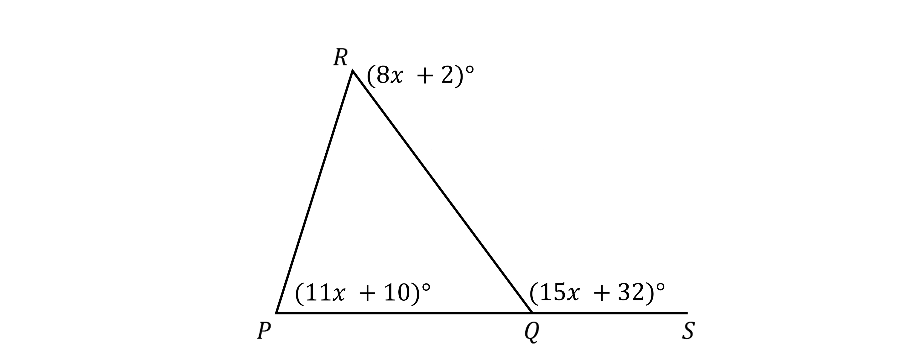 Triangle PQR with angles P (11x+10)° and R (8x+2)° and angle Q is missing. Angle (15x+32)°is adjacent to angle Q.