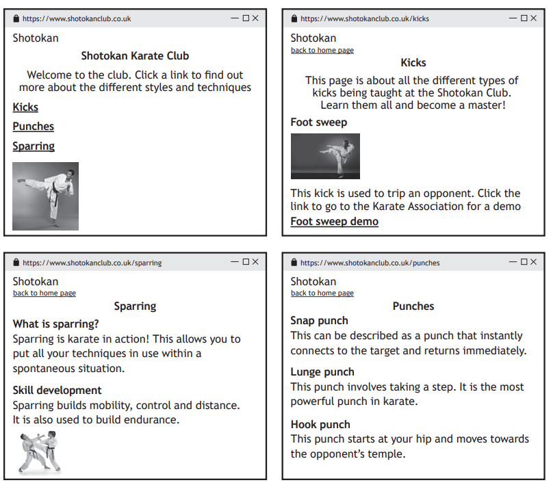 Four web pages show sections of the Shotokan Karate Club site, featuring information on kicks, punches, and sparring, each with links and images.