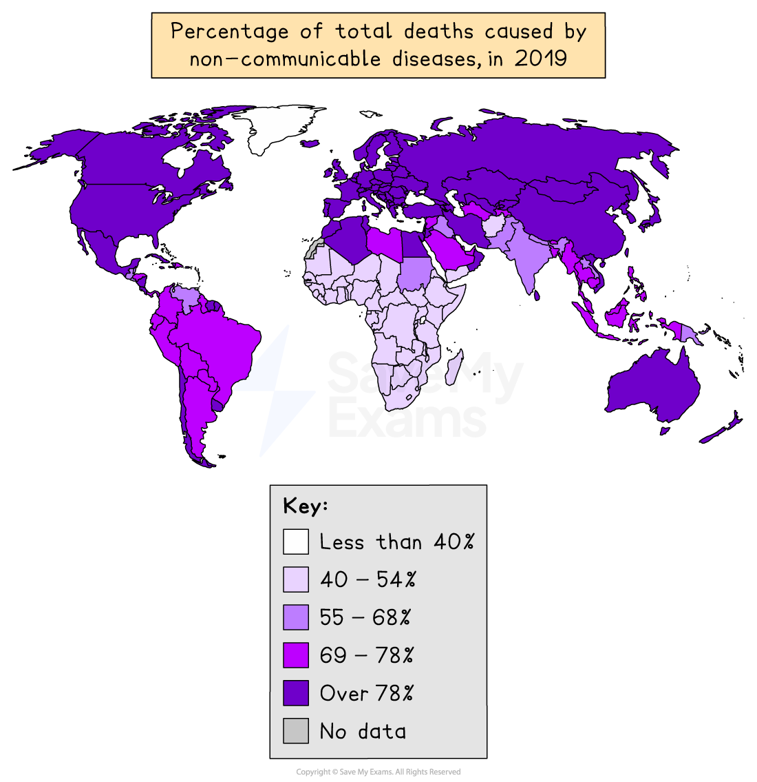 World map showing percentage of deaths from non-communicable diseases in 2019. Regions shaded by percentage: less than 40% to over 78%.