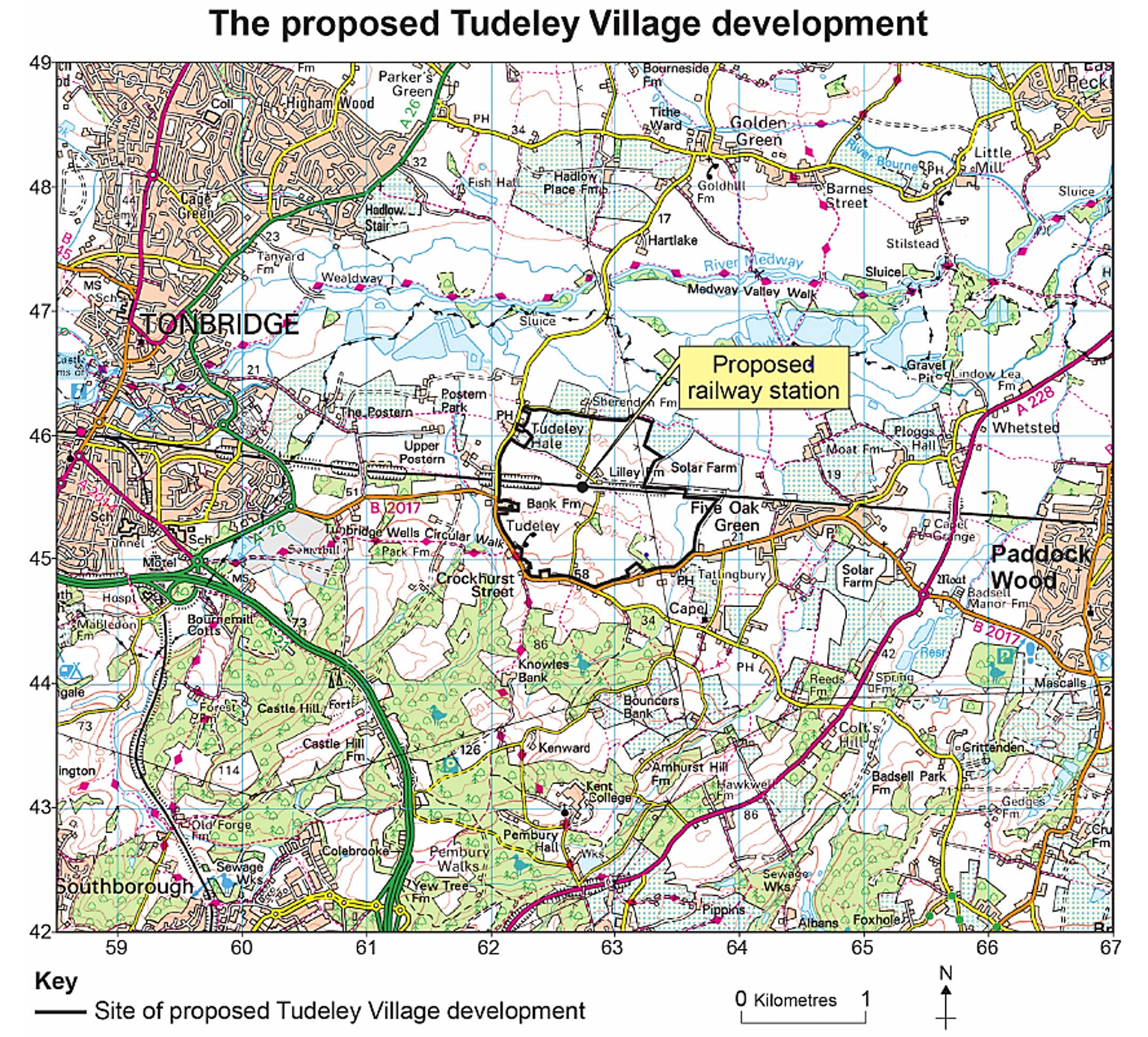 Map showing the proposed Tudeley Village development near Tonbridge, featuring a highlighted area for a new railway station and key local roads.