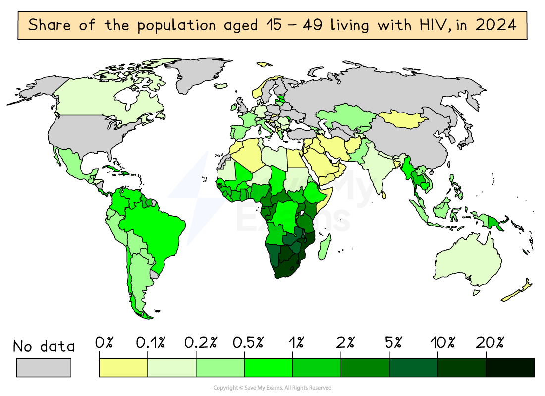 World map showing HIV prevalence among ages 15-49 in 2024. Darker green indicates higher prevalence; Africa shows high rates, while Europe and Asia are lower.
