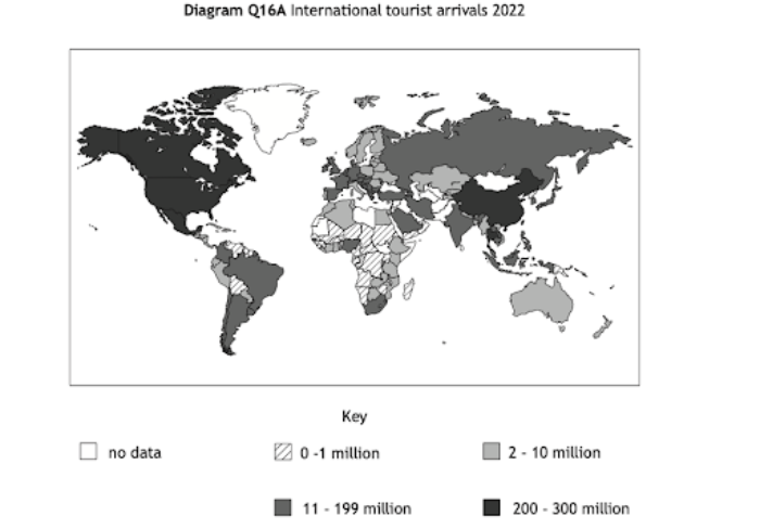 World map showing international tourist arrivals in 2022, with countries shaded from no data to 200-300 million tourists, based on arrival numbers.