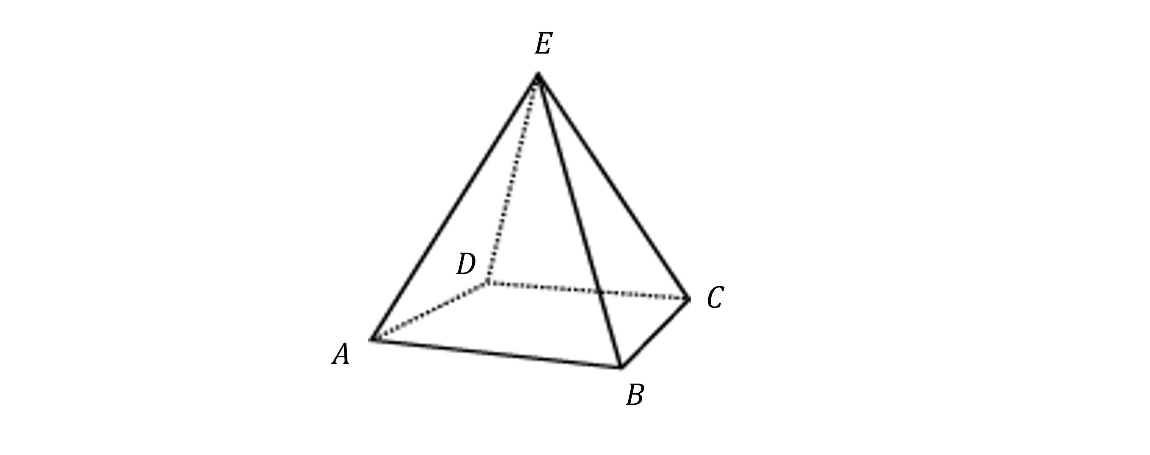 A triangular pyramid with vertices labelled A, B, C, D at the base and E at the apex. Solid and dotted lines represent visible and hidden edges.