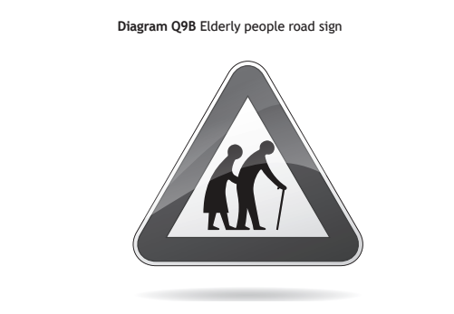Triangular road sign with silhouettes of two elderly individuals, one using a cane. Caption reads "Diagram Q9B Elderly people road sign" above the symbol.