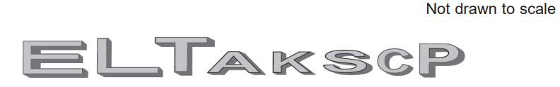 Grey 3D text spelling "ELTakscP" tilted to the right. Top right corner reads "Not drawn to scale" in small text.