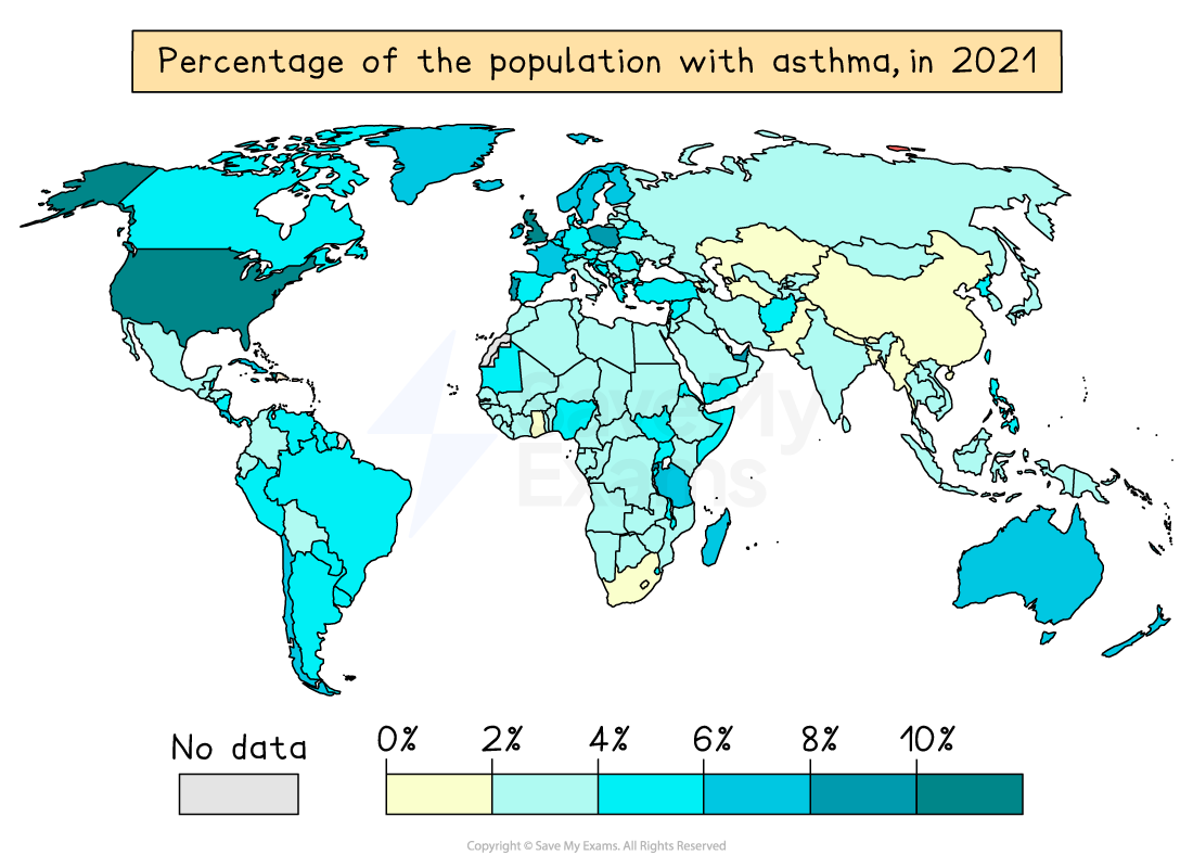 World map showing asthma prevalence in 2021 by country, with darker shades of blue indicating higher percentages up to 10% and grey for no data.