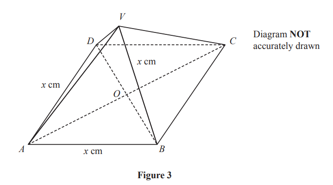 Geometric diagram with triangle VDC above quadrilateral ABCD, lines intersect at O, marked x cm. Diagram not accurately drawn. Labelled as Figure 3.