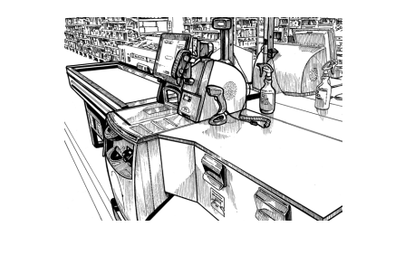 Illustration of a supermarket checkout counter with a conveyor belt, monitor, card reader, receipt printer, and shelves in the background.