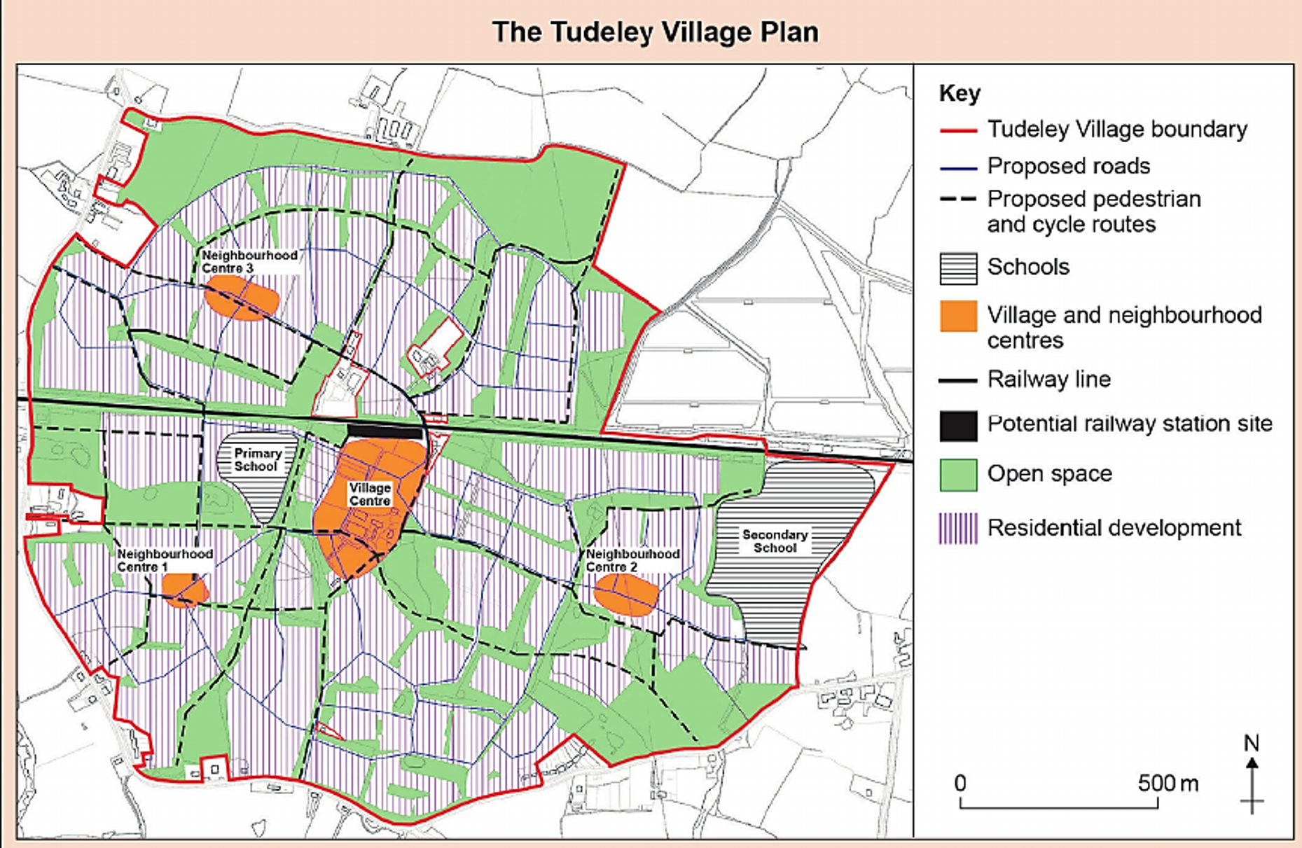 Map of Tudeley Village Plan showing boundaries, proposed roads, pedestrian routes, schools, centres, open spaces, and residential areas.