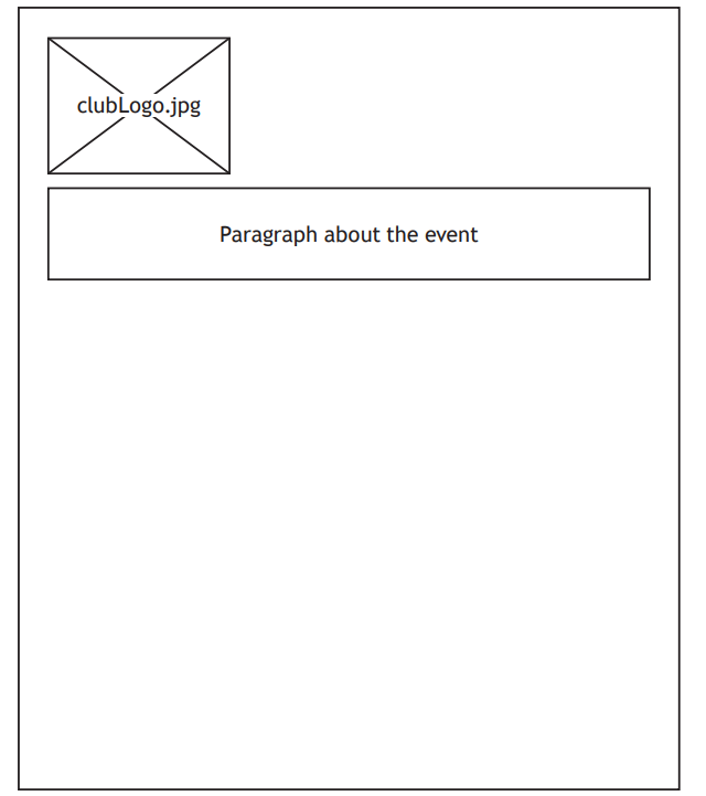 Outline of a webpage with a placeholder for a club logo and a paragraph describing an event, on a white background.