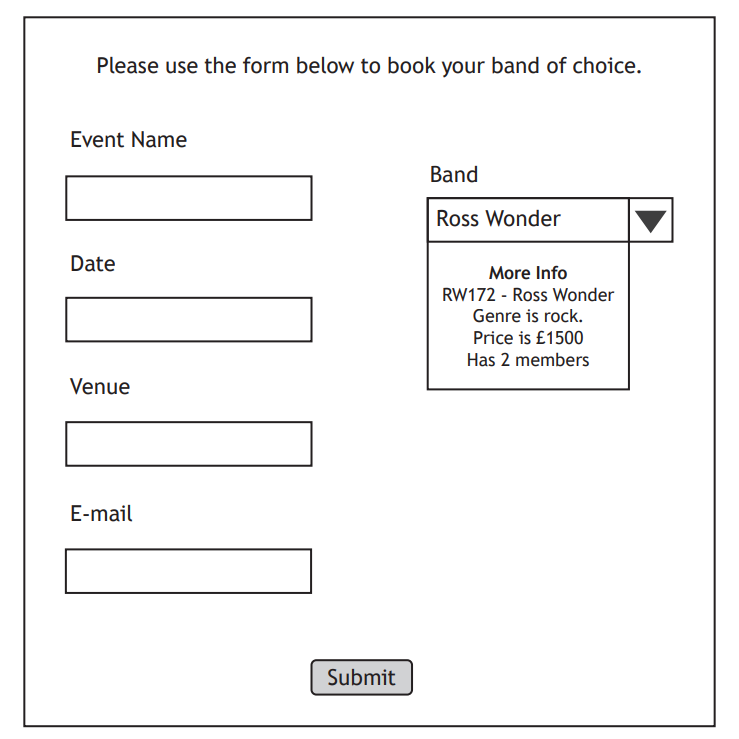 Form for booking a band. Fields for event name, date, venue, and email. Band dropdown shows "Ross Wonder" details: rock genre, £1500, 2 members.