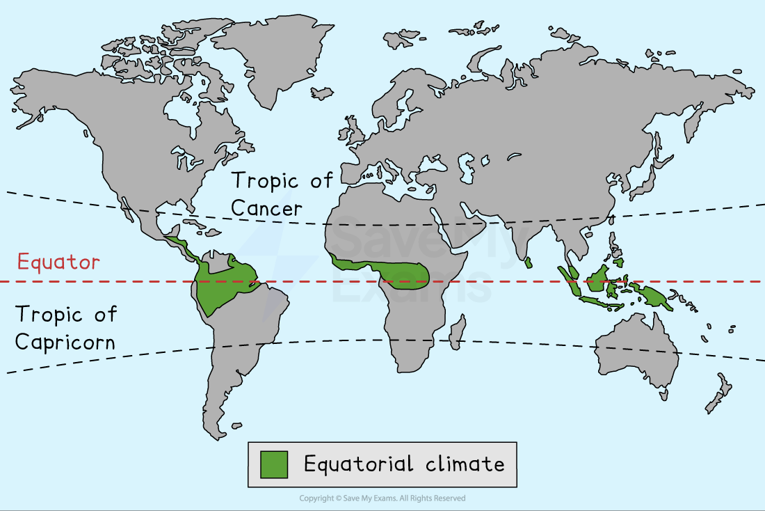 World map showing equatorial climate regions in green, marked between the Tropic of Cancer and Tropic of Capricorn, centred around the Equator.