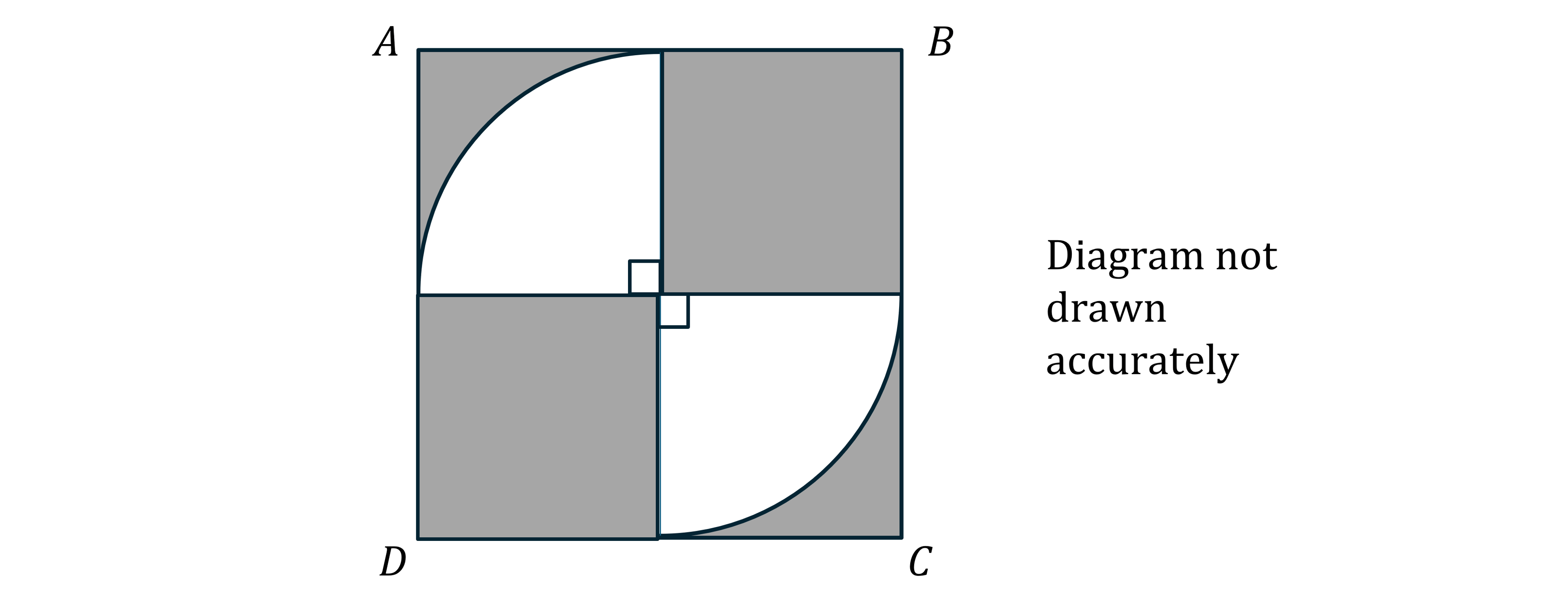 Square divided into four regions with two quarter circles inside. Not accurately drawn. Points labelled A, B, C, D on corners.