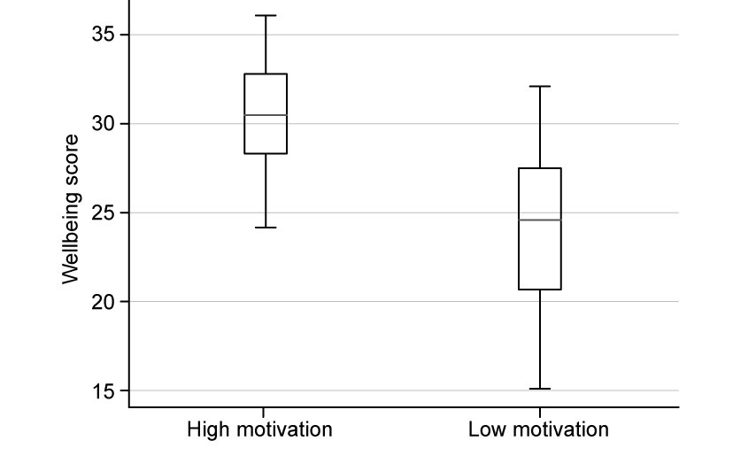Box plot comparing wellbeing scores for high and low motivation groups, with scores ranging from 15 to 35 on the y-axis.