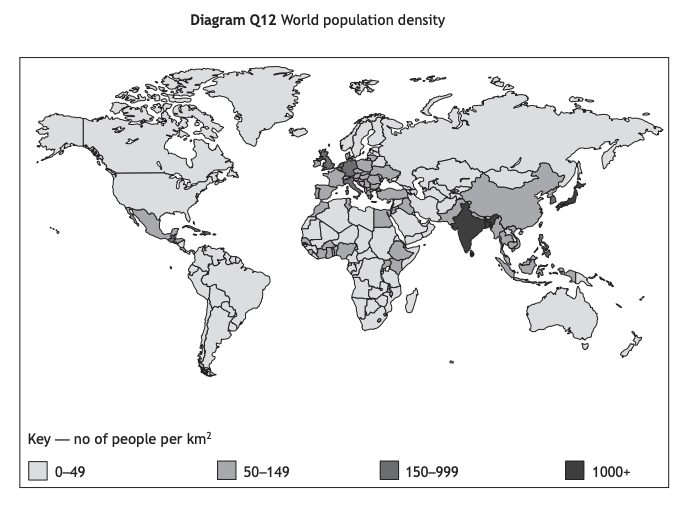 World map showing population density with shades: light grey for 0-49, grey for 50-149, dark grey for 150-999, and black for 1000+ people per km².