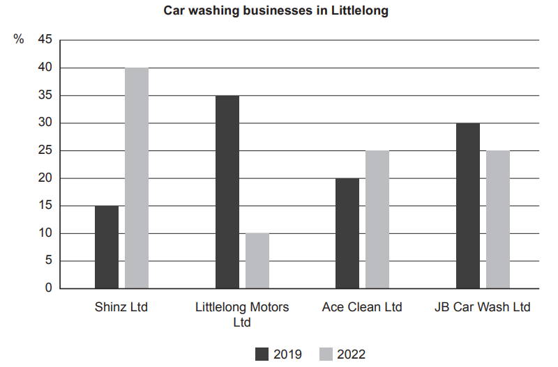 Bar chart of car washing businesses in Littlelong showing percentages for Shinz, Littlelong Motors, Ace Clean, and JB Car Wash in 2019 and 2022.