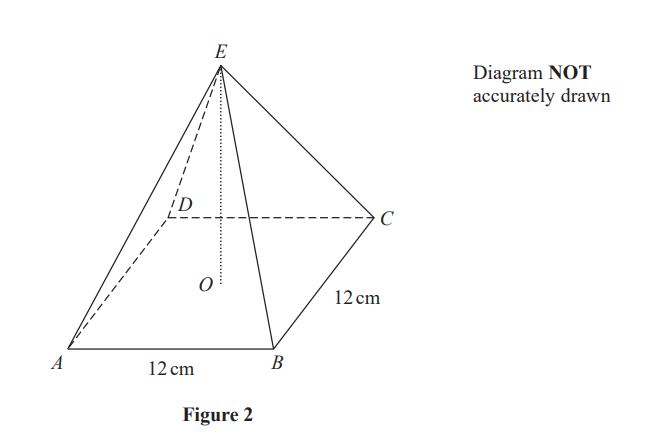 A geometric diagram shows a pyramid with a square base ABCD, top vertex E, and lines EA, EB, EC, ED. Notes state it is not accurately drawn.