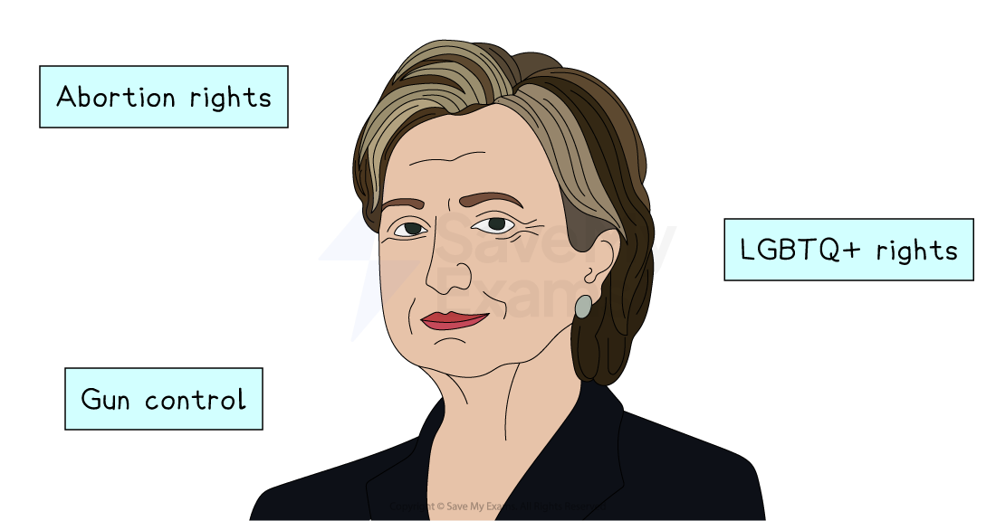 Woman wearing a blue suit with text: "Abortion rights," "LGBTQ+ rights," and "Gun control" on the left side of image.