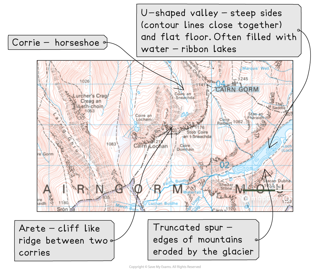 Annotated topographic map of Cairngorms, highlighting geographical features: corrie, U-shaped valley, arête, and truncated spur, with descriptive labels.