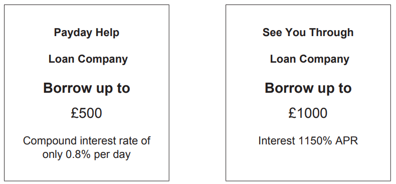 Two loan offers: Left, "Payday Help" offers up to £500 at 0.8% daily interest; Right, "See You Through" offers £1000 at 1150% APR.