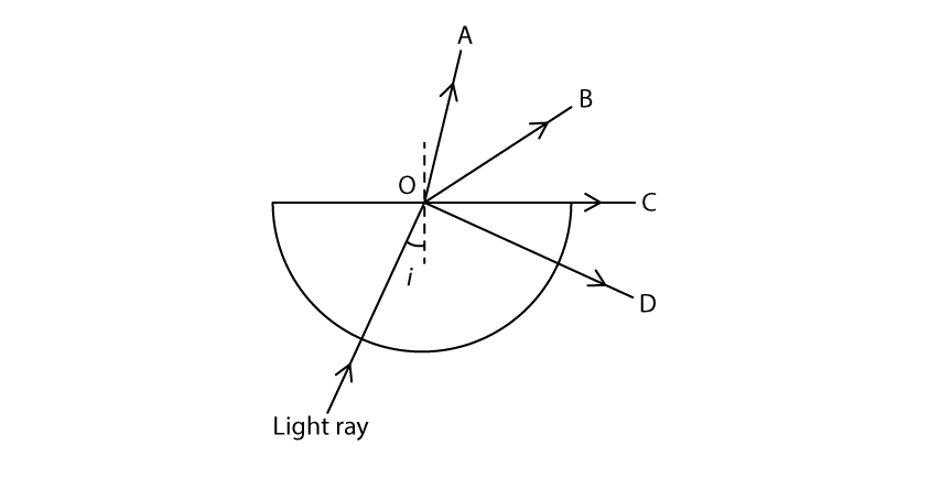 A light ray enters the curved edge of a semicircular glass block. The ray hits the midpoint of the straight edge at O, and 4 possible refraction paths are shown, labelled A, B, C, D.